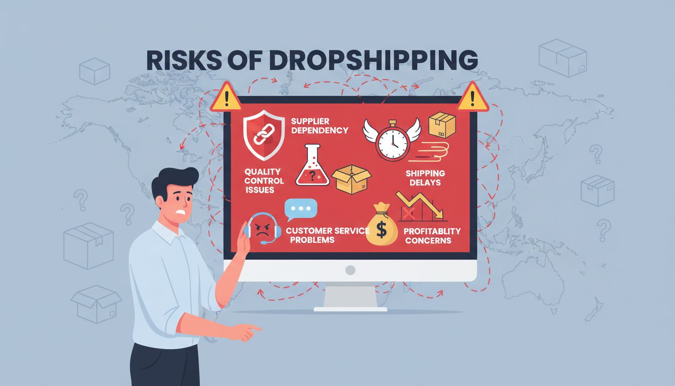 Infografika, amely a dropshipping kockázatait mutatja: beszállítói függőség, minőségellenőrzési problémák, szállítási késedelmek, ügyfélszolgálati problémák és jövedelmezőségi aggályok