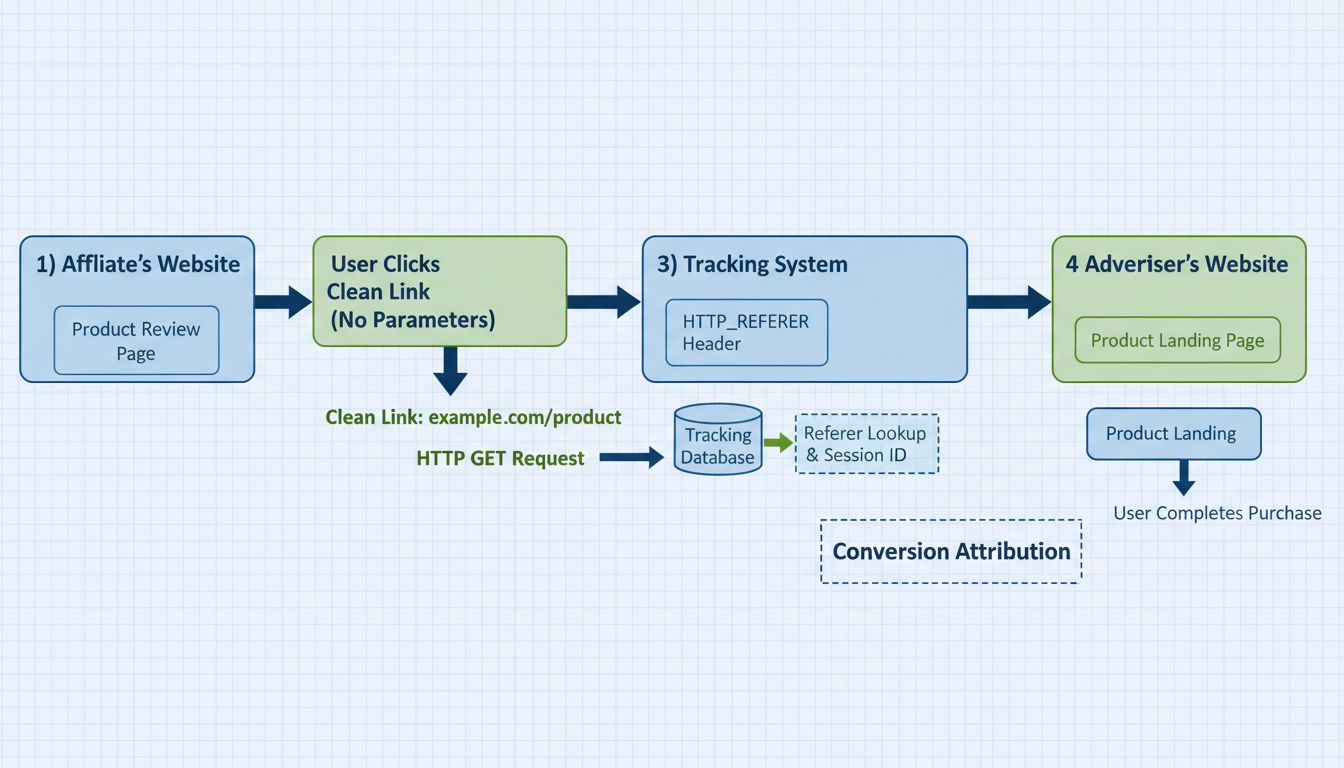 A közvetlen link követés folyamatábrája, amely bemutatja a HTTP Referer továbbítását a partner oldalról a hirdetőhöz