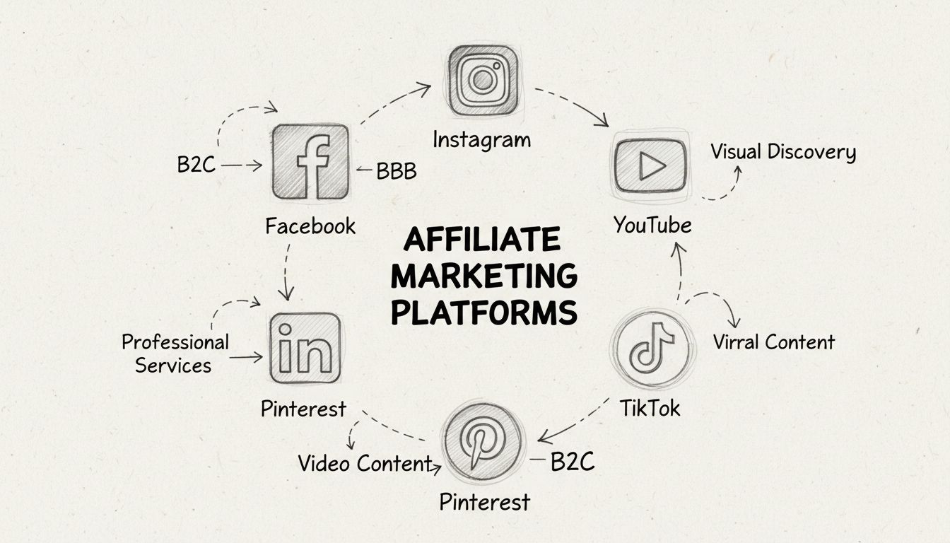 Kézzel rajzolt diagram, amely bemutatja az affiliate marketing közösségi média platformjait: Facebook, Instagram, YouTube, Pinterest, LinkedIn és TikTok ikonokkal, körkörös elrendezésben, felhasználási esetek megjelölésével
