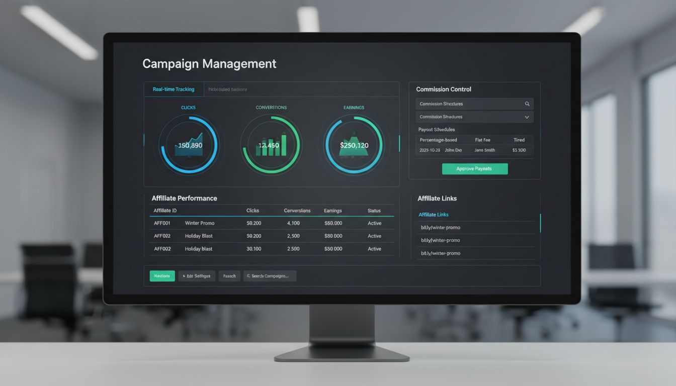 Partnerprogram kampánykezelő vezérlőpult valós idejű nyomkövetéssel, jutalékkontrollal és teljesítményanalitikával
