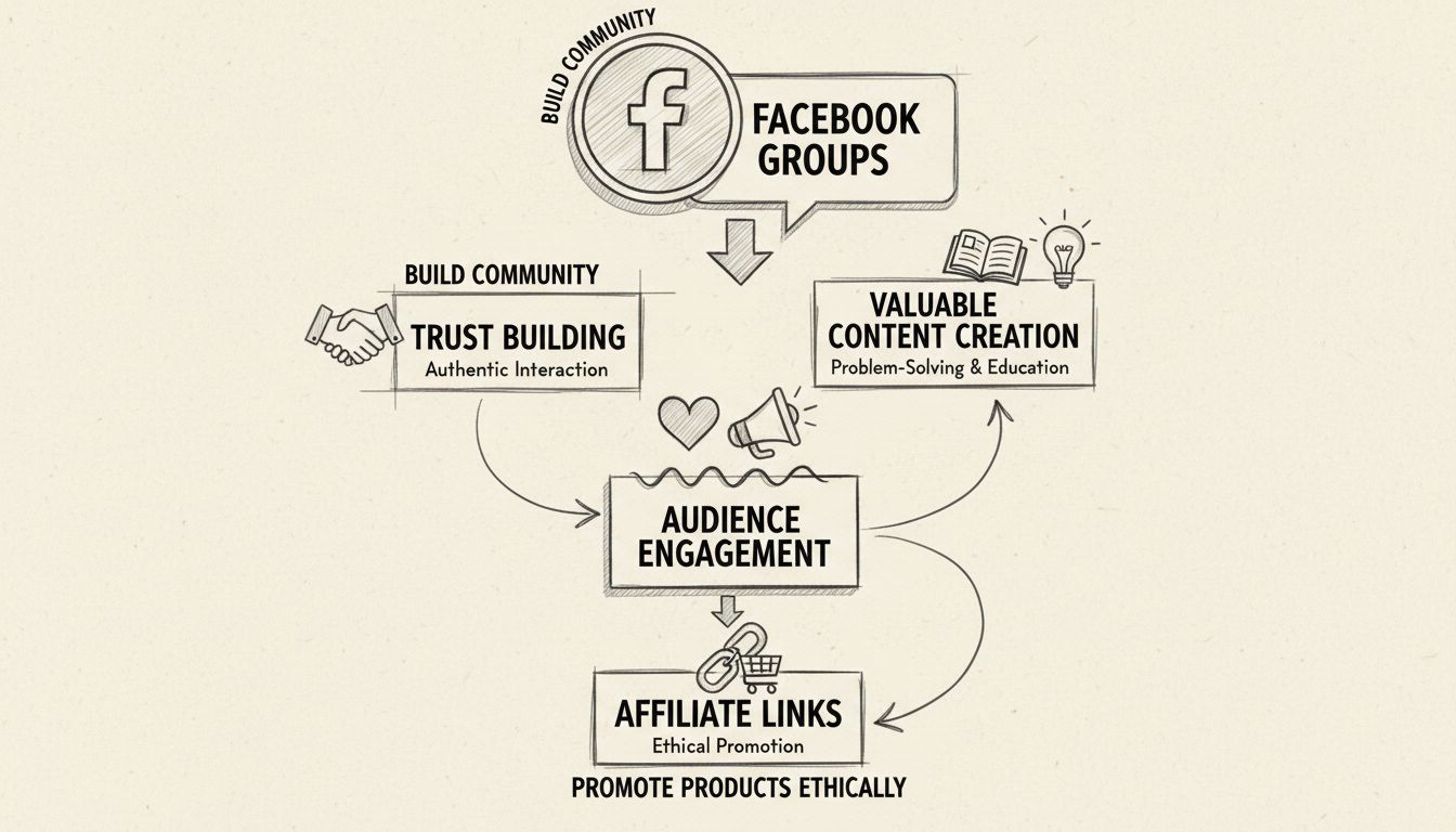 Facebook affiliate marketing stratégiai diagram: bizalomépítés, tartalomkészítés és etikus promóció folyamata