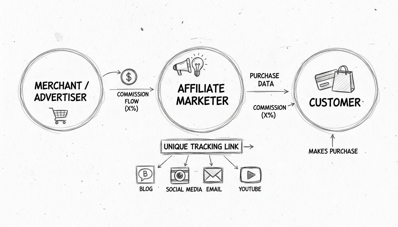 Az affiliate marketing ökoszisztéma diagramja: kereskedő, affiliate marketinges nyomkövető linkkel, vásárlói folyamat, jutalék nyilak