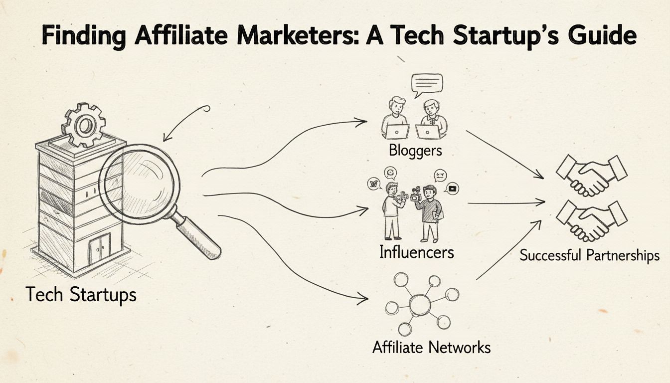 Kézzel rajzolt diagram arról, hogyan találhatnak tech startupok affiliate marketingeseket bloggerek, influenszerek és affiliate hálózatok révén