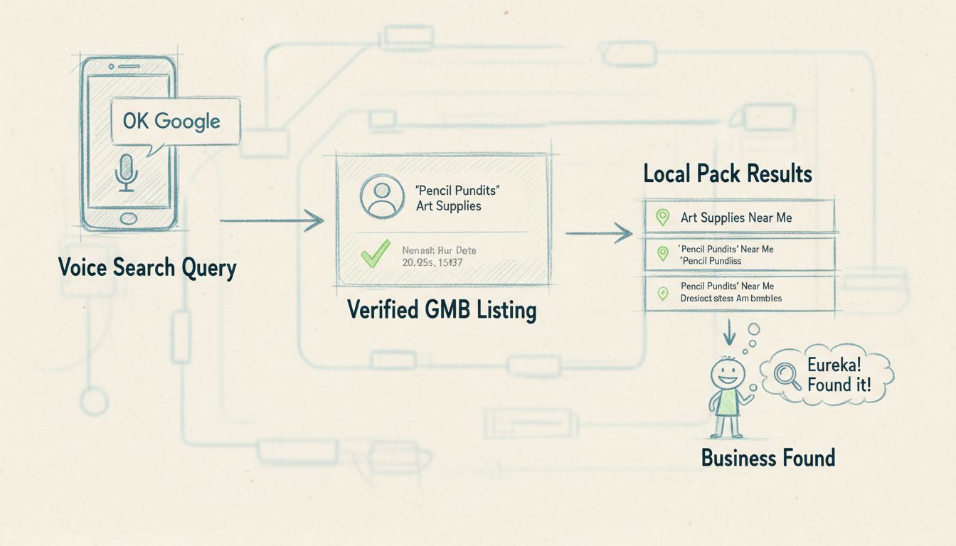 Google Cégem ellenőrzési folyamat hangalapú kereséshez: okostelefon hangos lekérdezéssel, ellenőrzött GMB-profil pipával, helyi csomag találatok, és vállalkozás felfedezési folyamat