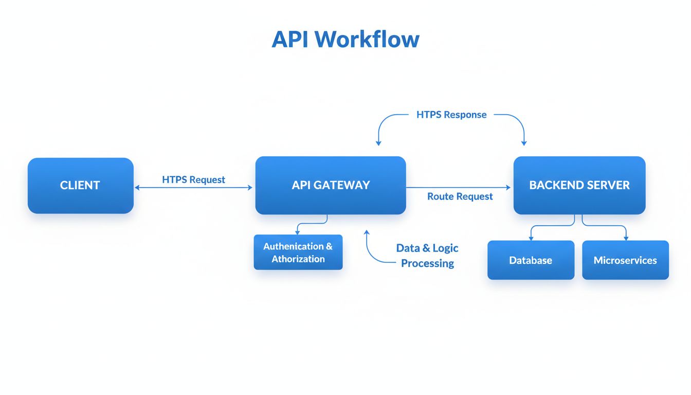 API munkafolyamat-diagram: kliensalkalmazás kérést küld az API átjárónak, amely továbbítja a háttérszerverhez, majd visszaküldi a választ