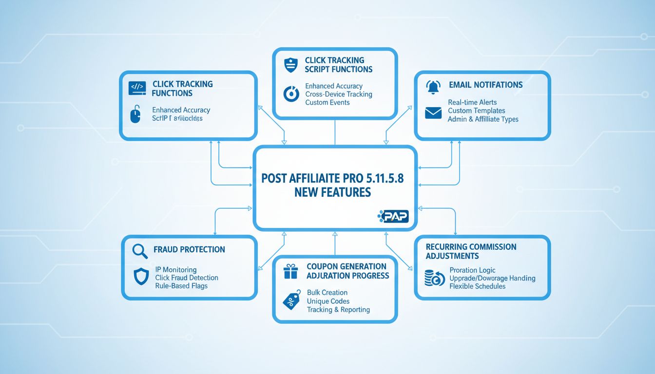 A Post Affiliate Pro 5.11.5.8 új funkcióit szemléltető diagram: kattintáskövetés, e-mail értesítések, csalásvédelem, ismétlődő jutalékok és kupon generálás