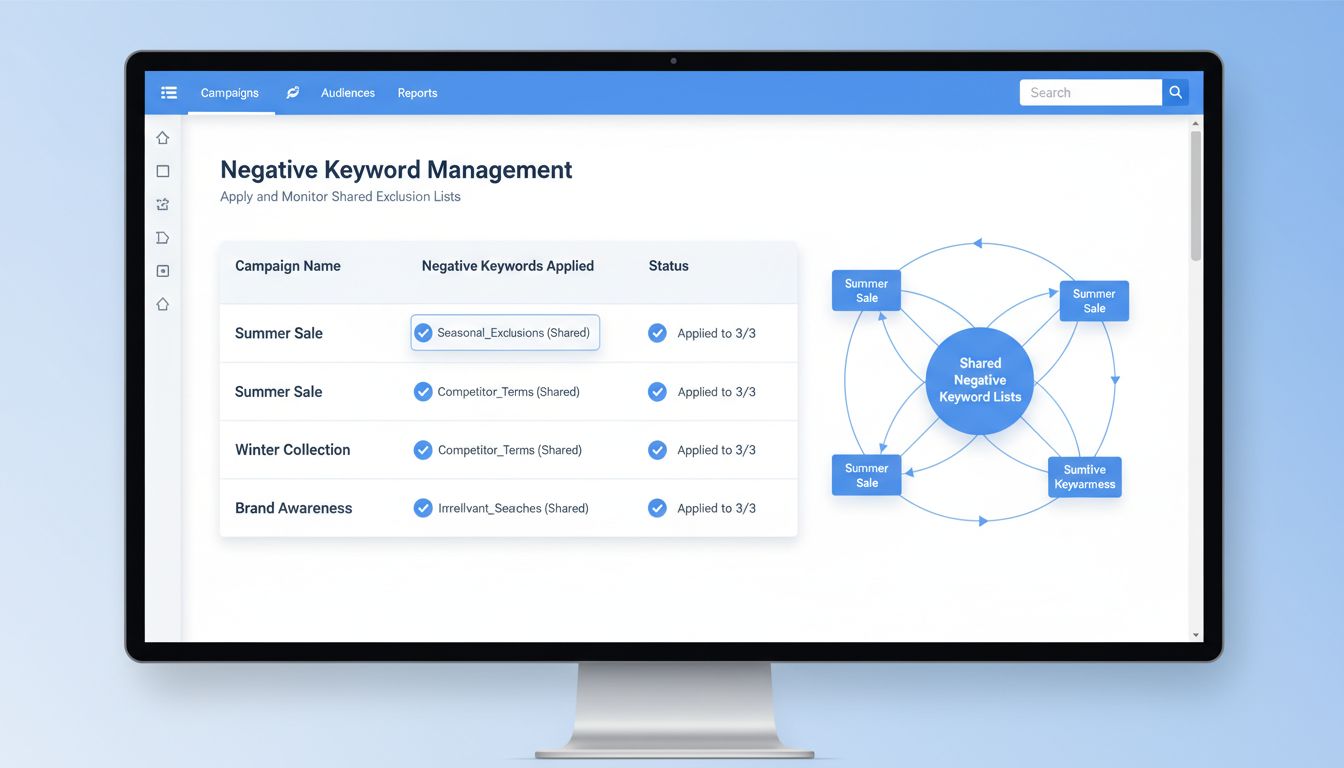 Irányítópult, amelyen látható a negatív kulcsszavak kezelőfelülete, több kampány és megosztott negatív kulcsszólista egyidejű alkalmazásával