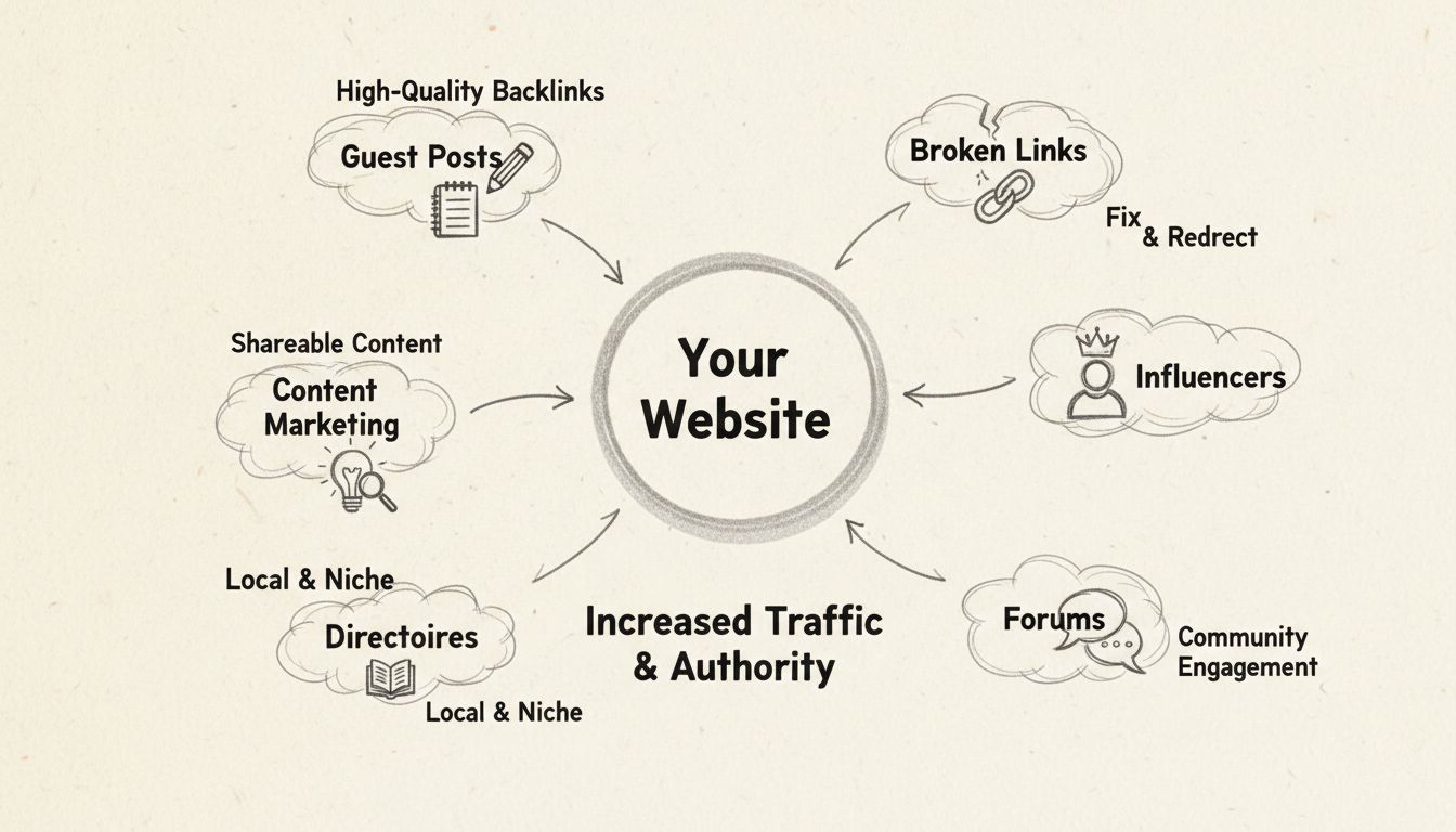 Kézzel rajzolt ábra, amely bejövő linkek stratégiáját mutatja: központi weboldal csomópont, amelyhez több linkforrás – vendégposztok, tartalommarketing, könyvtárak, fórumok és influenszerek – csatlakozik
