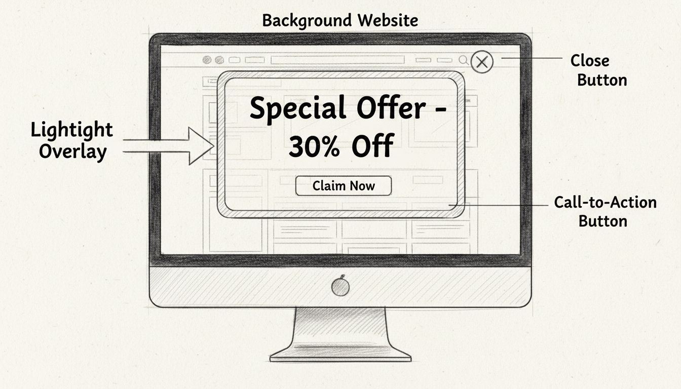 Kézzel rajzolt ábra, amely a lightbox banner felépítését mutatja overlay-jel, cselekvésre ösztönző gombbal, bezárás gombbal és háttér weboldal elemekkel