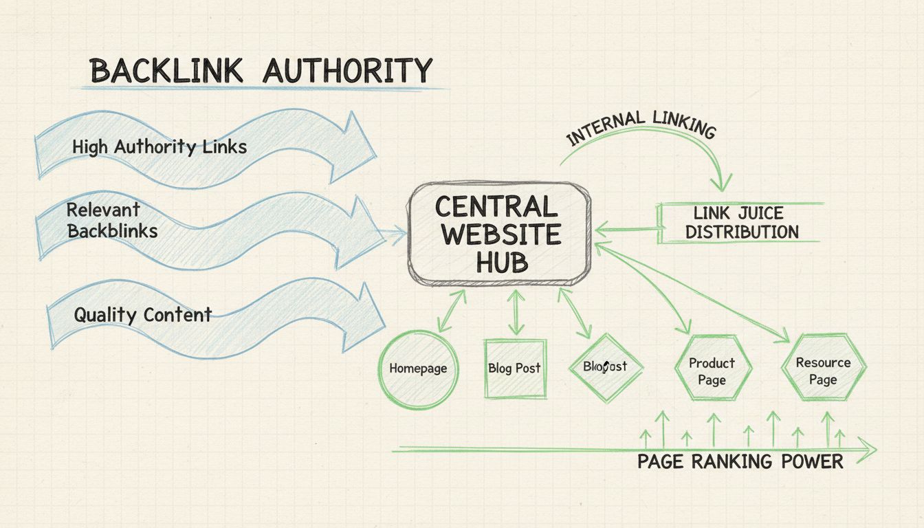 A link juice eloszlását bemutató diagram, amely szemlélteti, hogyan áramlik a tekintély a visszamutató linkeken keresztül a belső linkelési struktúrán át a különböző oldalakra
