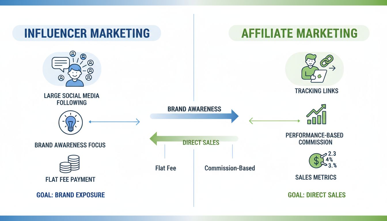 Összehasonlítási diagram: Influencer marketing vs Affiliate marketing – főbb célok, fizetési modellek és mérőszámok