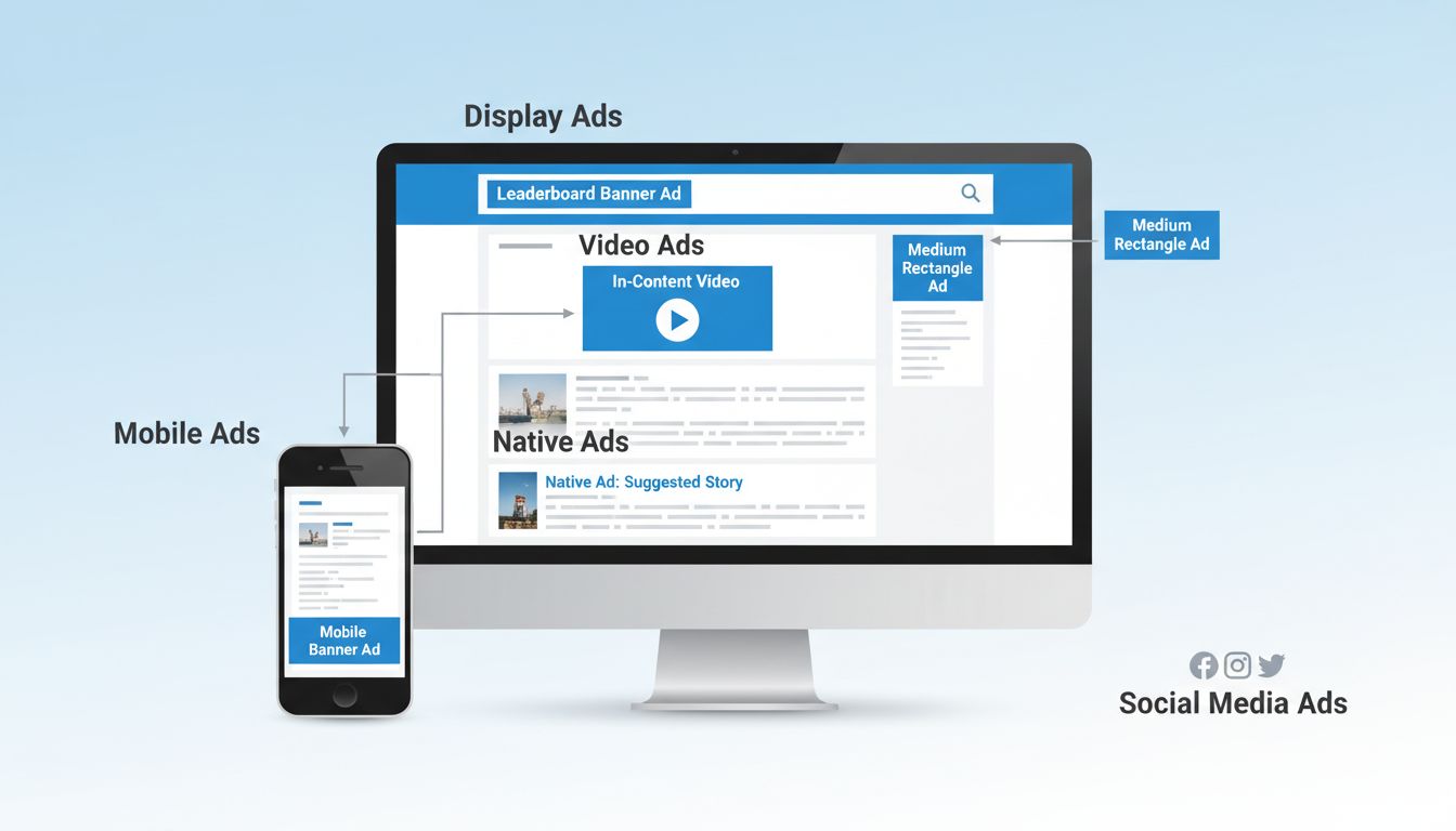 Digitális marketing hirdetéselhelyezési típusok diagramja, amely különböző hirdetésformátumokat mutat webes és mobil elrendezésekben