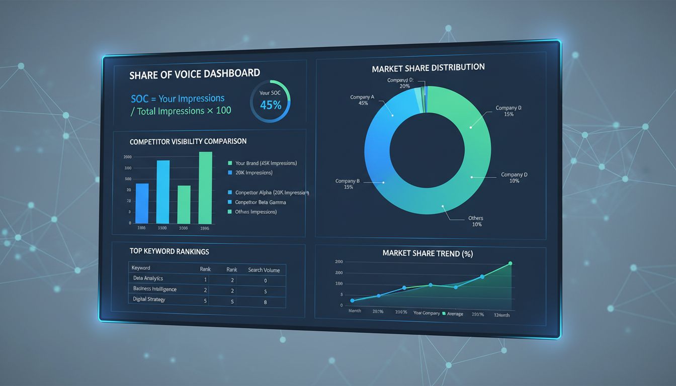 SOC számítási dashboard piaci részesedési mutatókkal, versenytárselemzési diagramokkal és share of voice képlettel