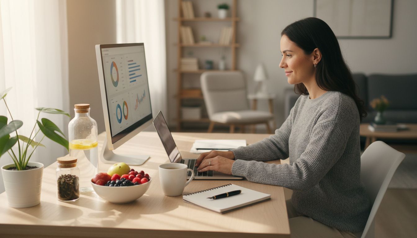 Produktív affiliate marketinges otthoni irodában, egészséges életmód elemekkel: vizespalack, friss gyümölcsök, rendezett munkaterület