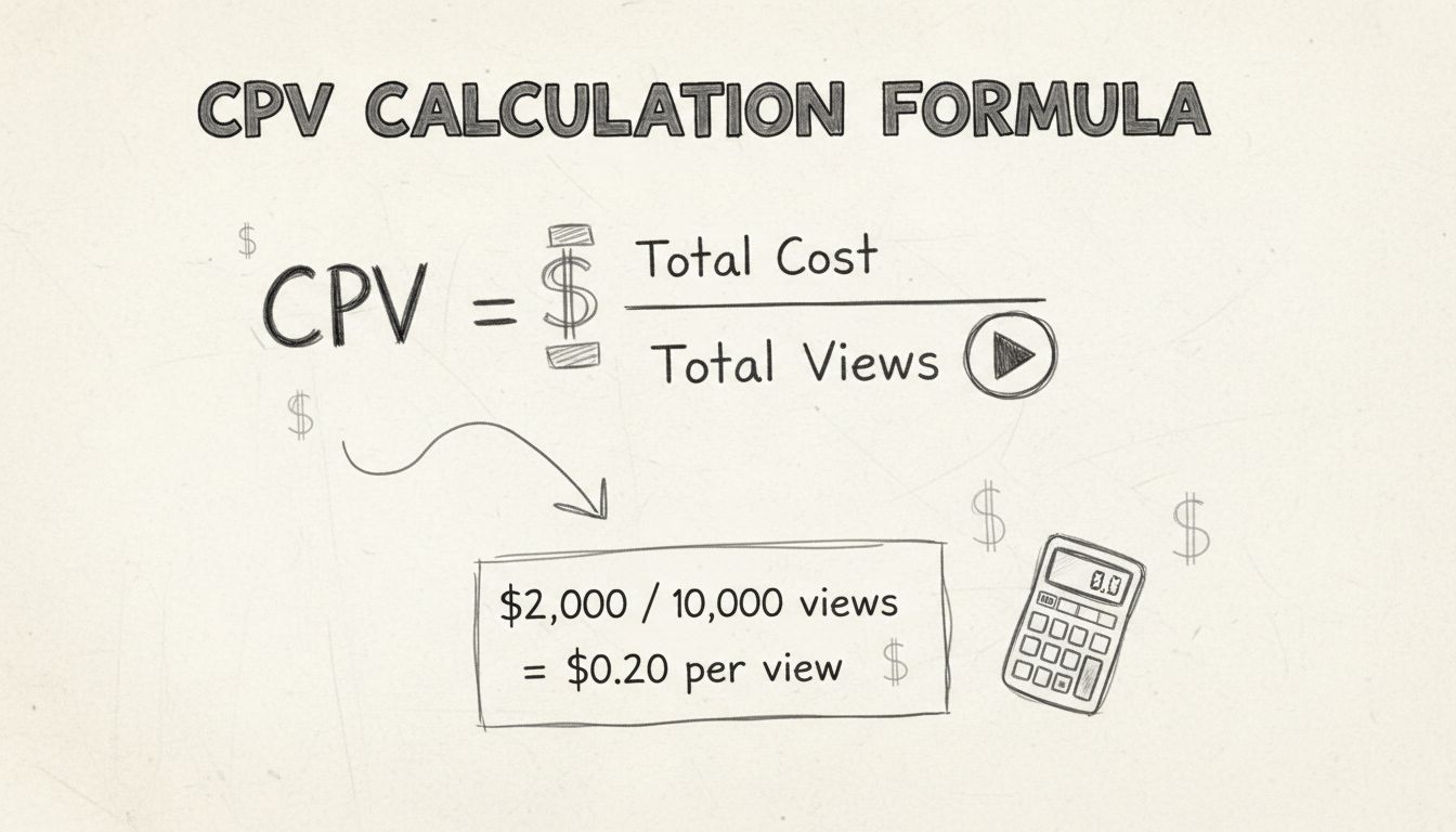 CPV számítási képlet diagram: Összes költség osztva a megtekintések számával, egyenlő CPV megtekintésenként
