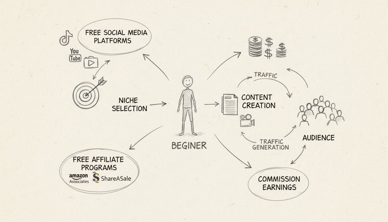 Az affiliate marketing indításának lépései pénz nélkül: ingyenes platformok, piacválasztás, affiliate programok, tartalomkészítés, forgalomgenerálás és jutalékszerzés