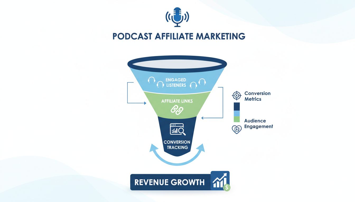 Podcast affiliate marketing előnyeit bemutató infografika konverziós tölcsérrel és elköteleződési mutatókkal