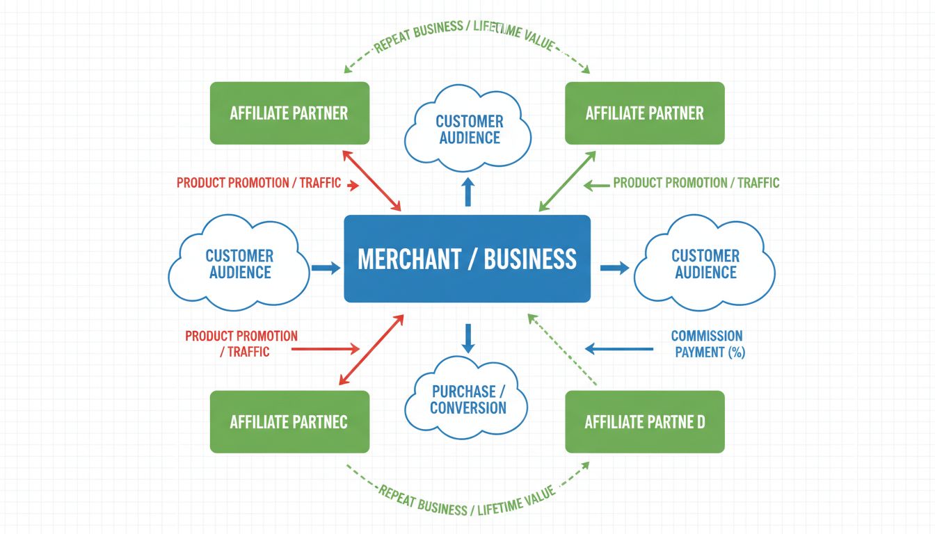 Diagram, amely az affiliate marketing munkafolyamatot és jutalékrendszert mutatja: középen a kereskedő, több partner, termékpromóció, vásárlói folyamat és jutalékkifizetés