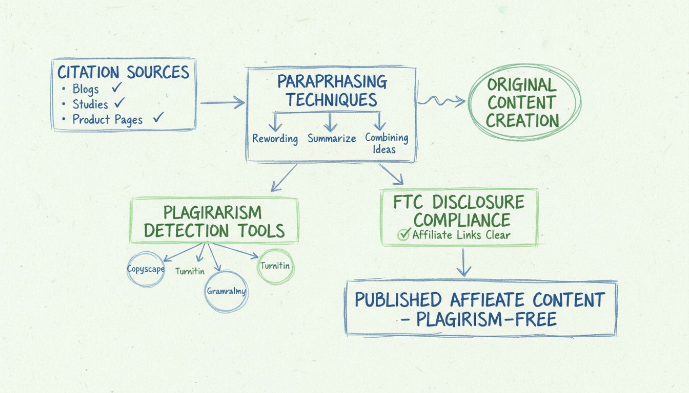 Plágiummegelőzési munkafolyamat-diagram, amely hivatkozási forrásokat, parafrázis-technológiákat, plágiumellenőrző eszközöket és FTC-megfelelőségi lépéseket mutat