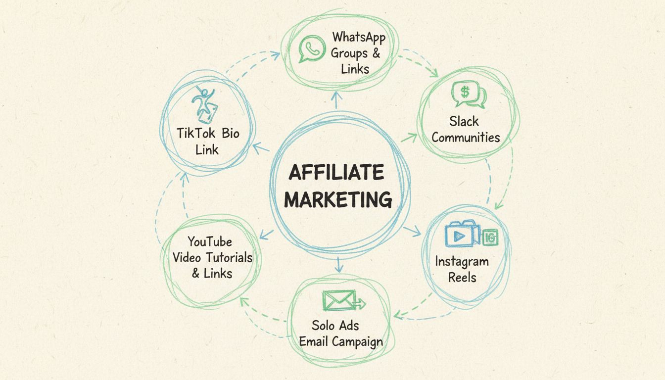 Kézzel rajzolt diagram, amely a nem hagyományos affiliate marketing módszereket mutatja be: TikTok, WhatsApp, Slack, solo hirdetések, YouTube oktatóanyagok és Instagram Reels körkörös elrendezésben