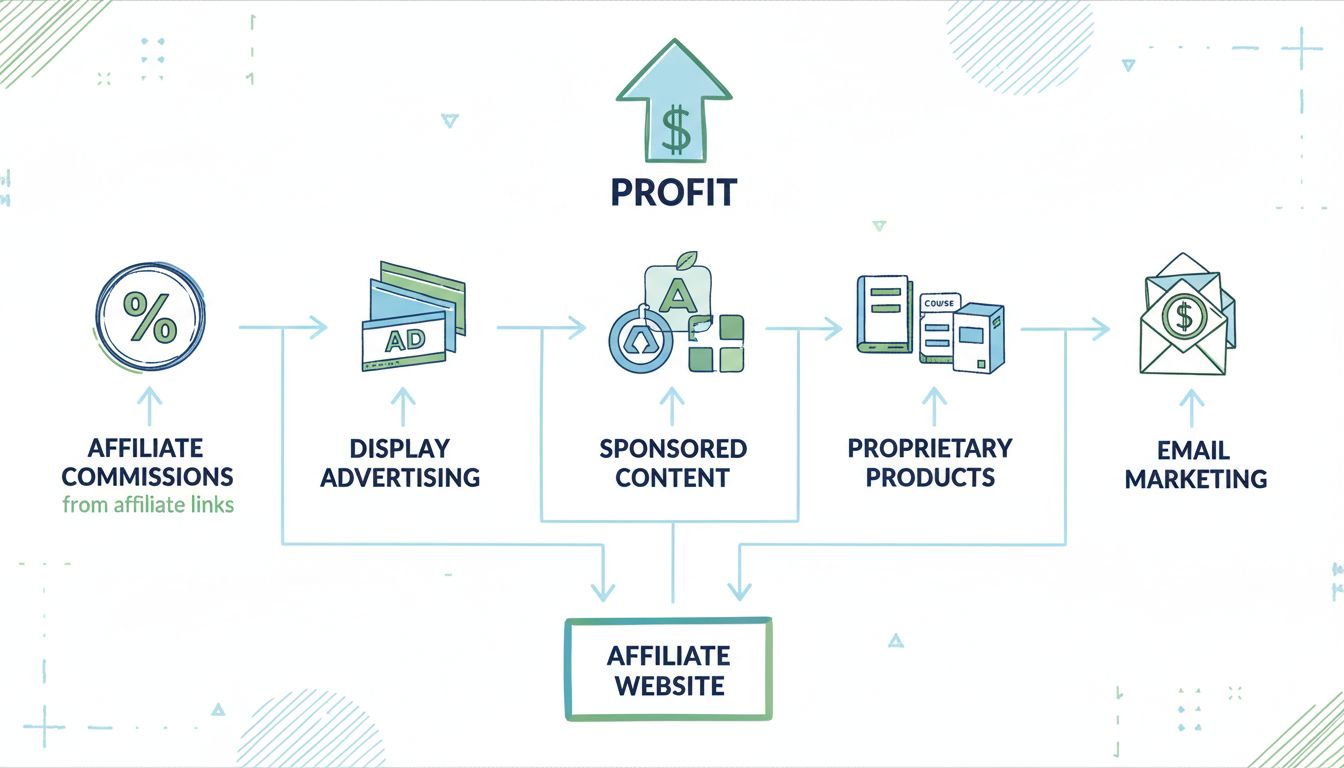 Az affiliate oldal bevételi forrásait bemutató infografika: jutalék, hirdetés, szponzorált tartalom, saját termékek és e-mail marketing