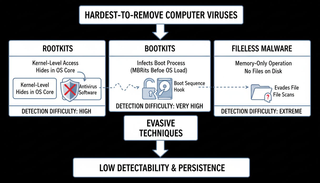Technikai diagram, amely bemutatja a rootkitek, bootkitek és fileless malware-ek jellemzőit és felismerési nehézségi szintjeit