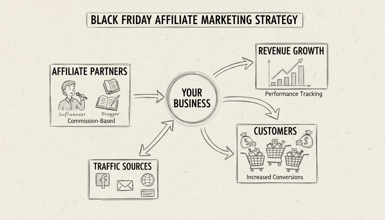 Kézzel rajzolt diagram, amely bemutatja az affiliate marketing stratégiát Black Friday eladásokhoz: üzleti központ, partnerek, forgalmi források, vásárlók és bevételnövekedés hálózatban összekötve