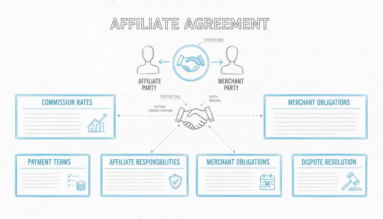 Kézzel rajzolt diagram a partneri szerződés fő részeiről, beleértve a jutalékszinteket, kifizetési feltételeket, partneri kötelezettségeket, kereskedői kötelezettségeket, időtartamot, felmondást és vitarendezést