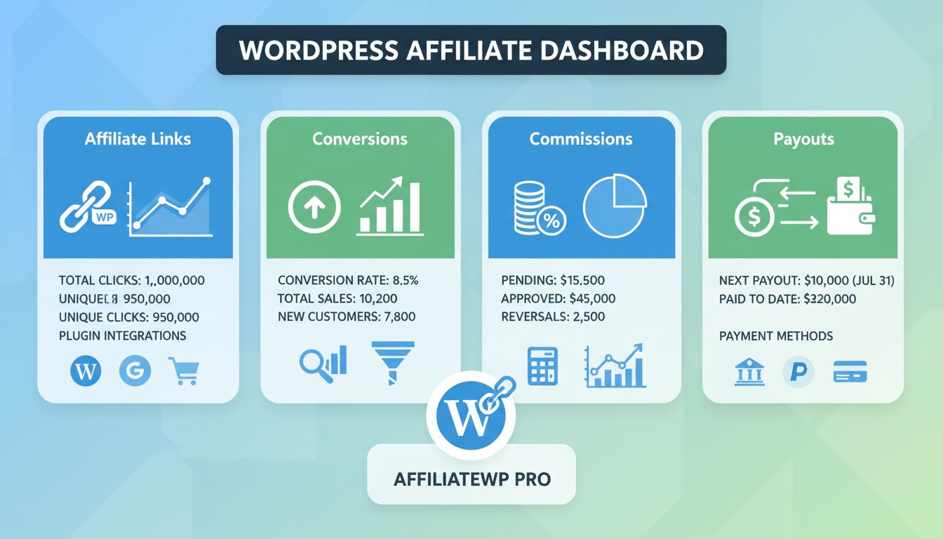 WordPress affiliate marketing műszerfal, konverziókövetéssel, affiliate linkek kezelésével, jutalékszámítással és kifizetésekkel