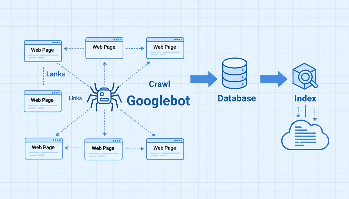 Technikai diagram, amelyen a Googlebot feltérképezi az összekapcsolt weboldalakat, adatbázis-indexelés és linkkövetés látható
