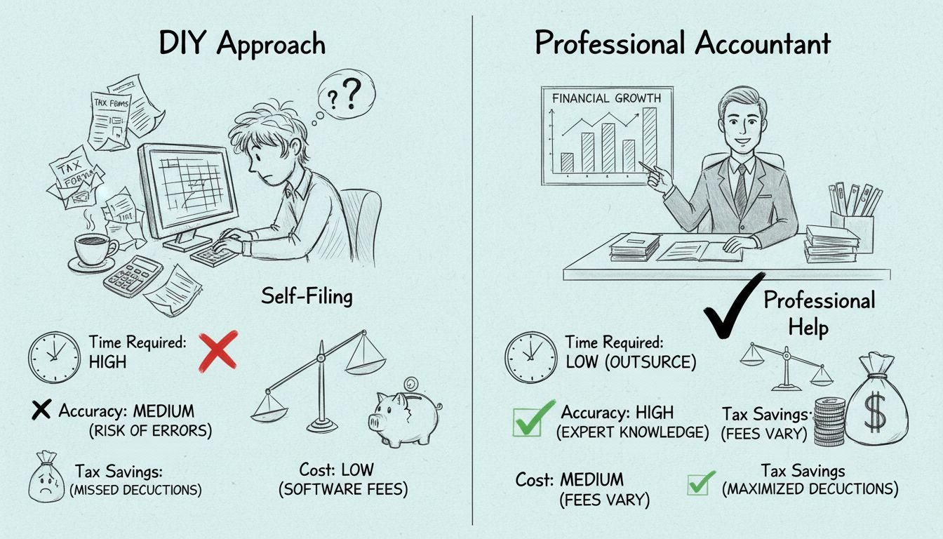 Összehasonlító diagram: önálló adóbevallás vagy profi könyvelő affiliate marketing adókhoz