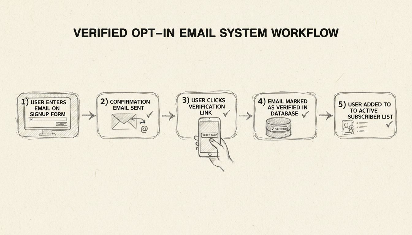 Hitelesített feliratkozás munkafolyamatának diagramja: e-mail feliratkozás, megerősítő e-mail küldése, hitelesítő linkre kattintás, adatbázis státusz frissítése és feliratkozói lista aktiválása