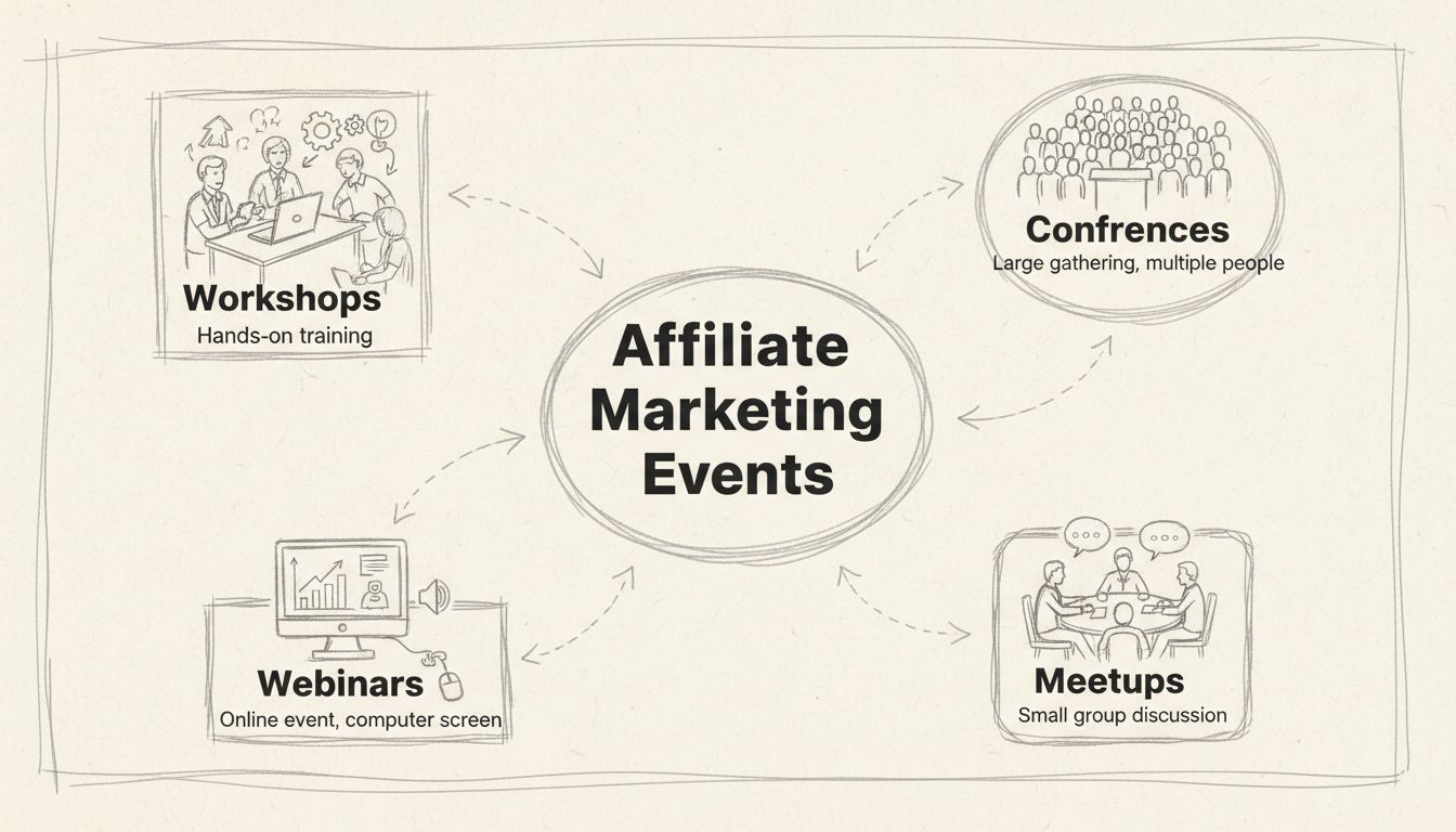 Kézzel rajzolt diagram, amely az affiliate marketing eseménytípusait mutatja be, beleértve konferenciákat, meetupokat, webináriumokat és workshopokat, amelyek egy központi csomóponthoz kapcsolódnak