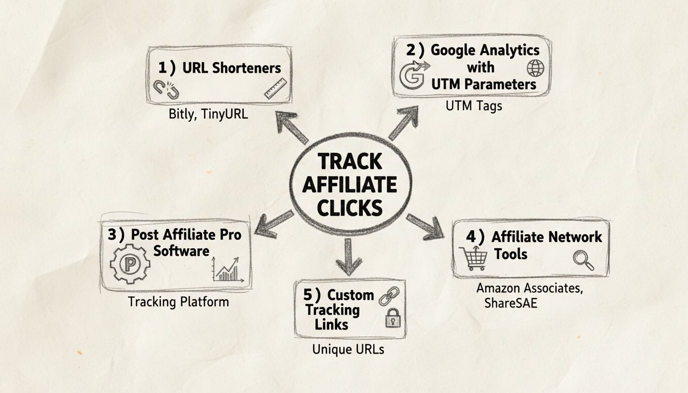 Partneri kattintáskövetési módszerek diagramja: URL-rövidítők, Google Analytics, Post Affiliate Pro, affiliate hálózatok és egyedi követési megoldások