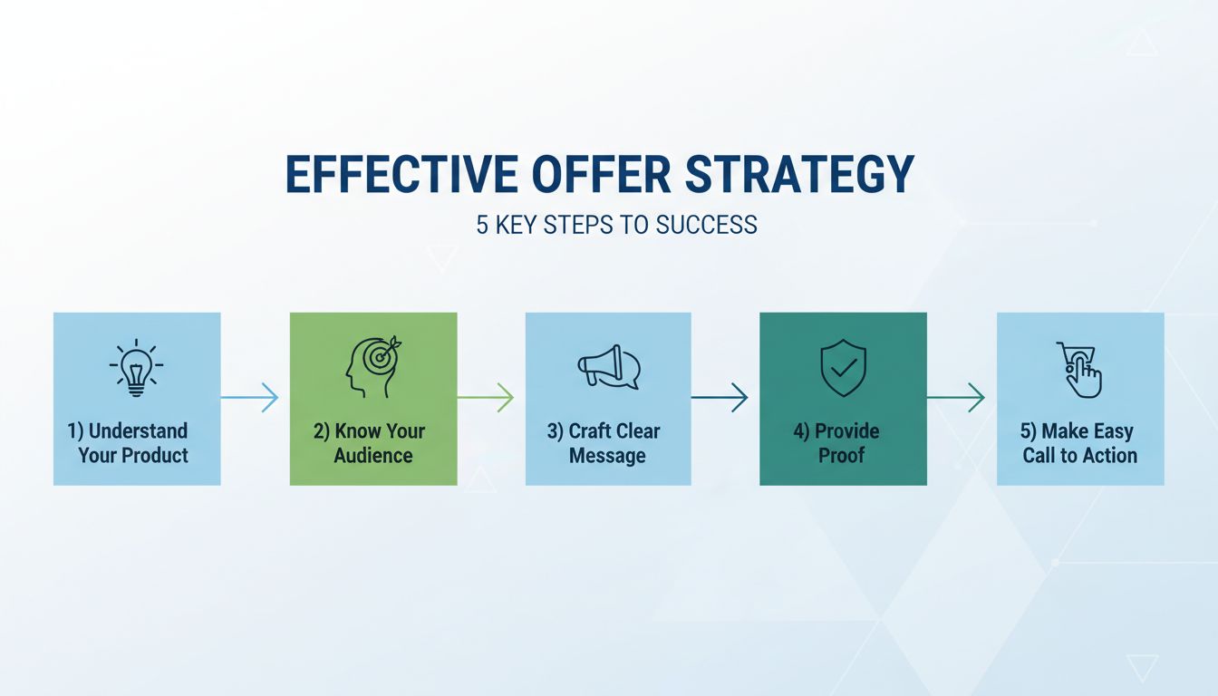 5 key steps to making an effective offer: understand product, know audience, craft clear message, provide proof, make easy call to action