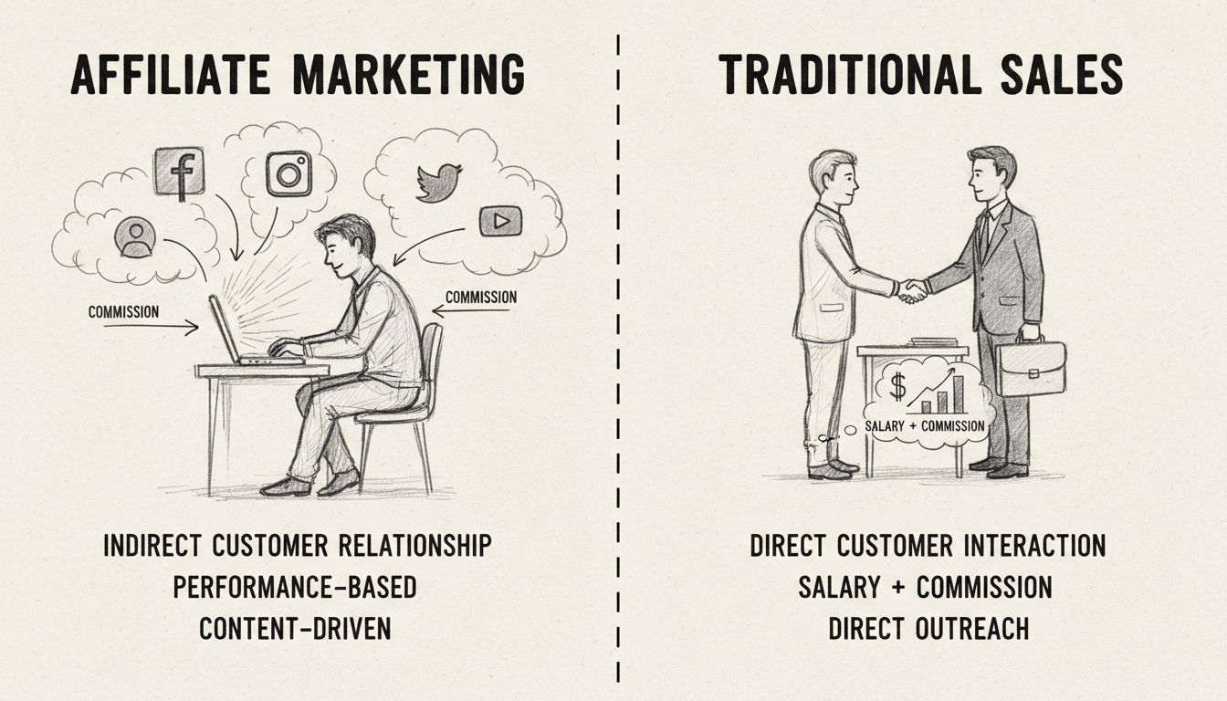 Kézzel rajzolt diagram az affiliate marketing és a hagyományos értékesítés összehasonlításáról, bemutatva a kulcskülönbségeket az ügyfélkapcsolatban, javadalmazásban és kontrollban
