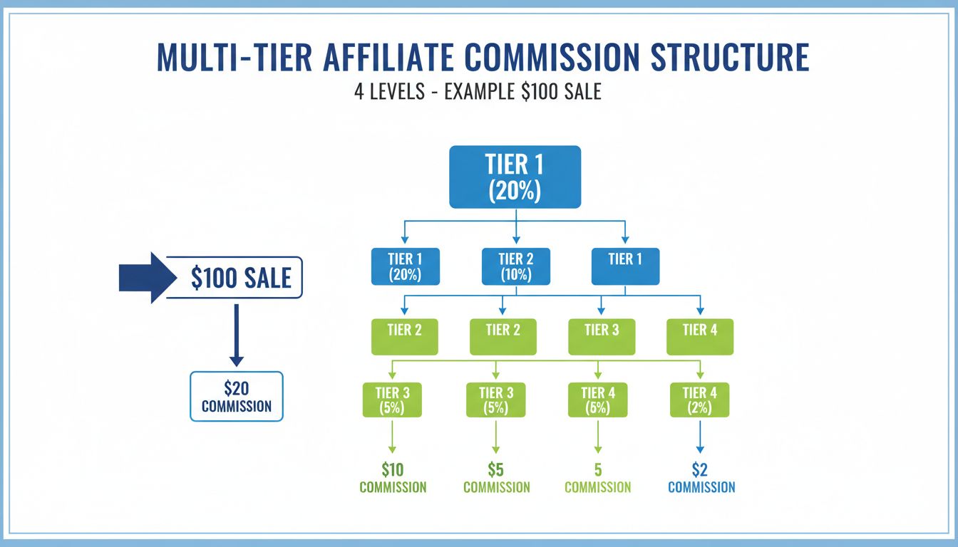 Többszintű jutalékrendszer diagram 4 szinttel, jutalékszázalékokkal, $100-os eladási példával