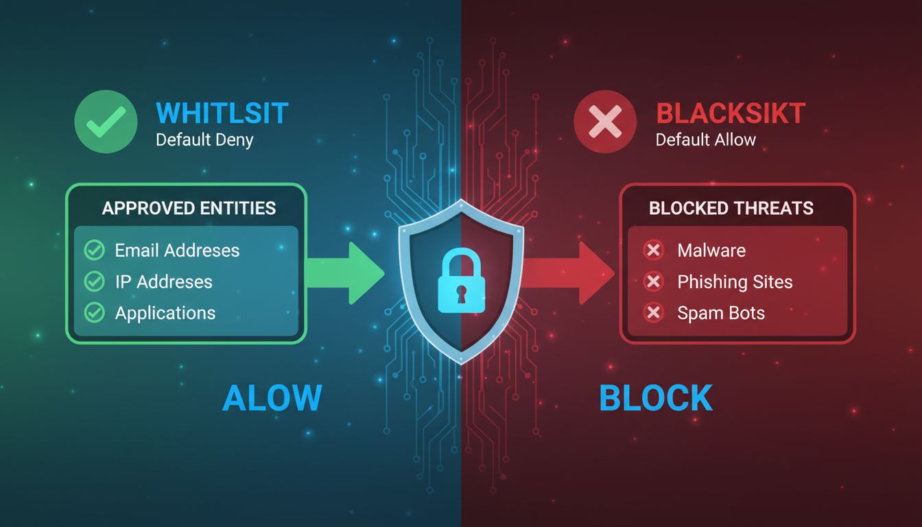 Whitelist vs Blacklist biztonsági összehasonlító ábra, amely az engedélyezett entitásokat és a tiltólistán blokkolt fenyegetéseket mutatja