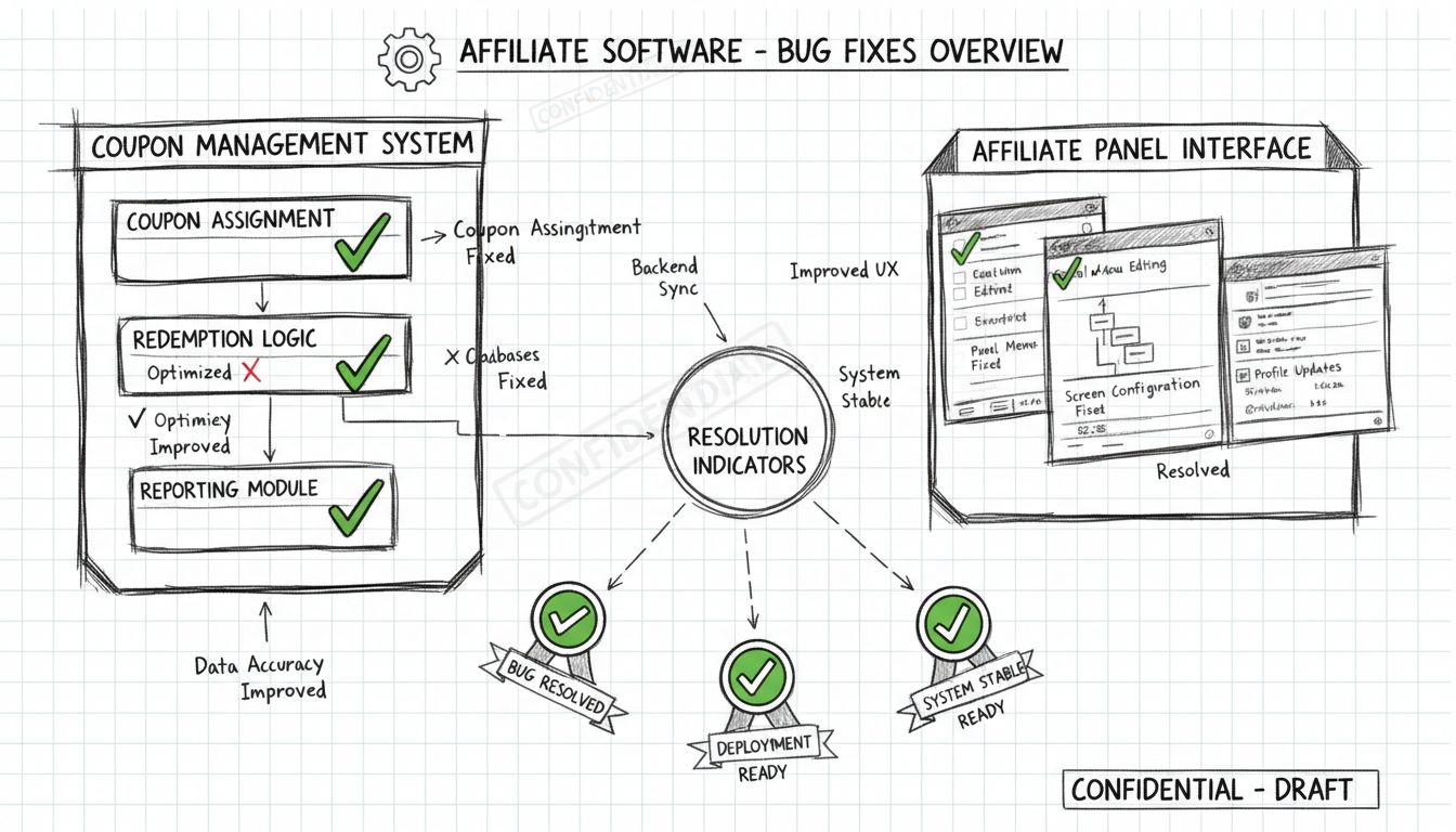 Technikai diagram, amely az affiliate szoftver hibajavításait mutatja, beleértve a kuponhozzárendelést, a panelmenü szerkesztését és a képernyő konfigurációs megoldásokat