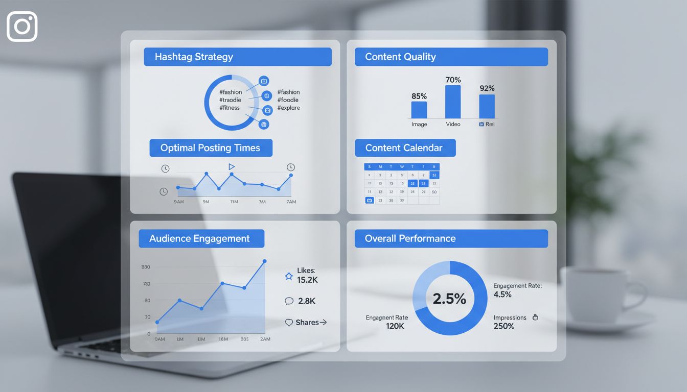 Instagram marketing stratégia irányítópult hashtag kutatással, analitikával, tartalomnaptárral és elköteleződési mutatókkal