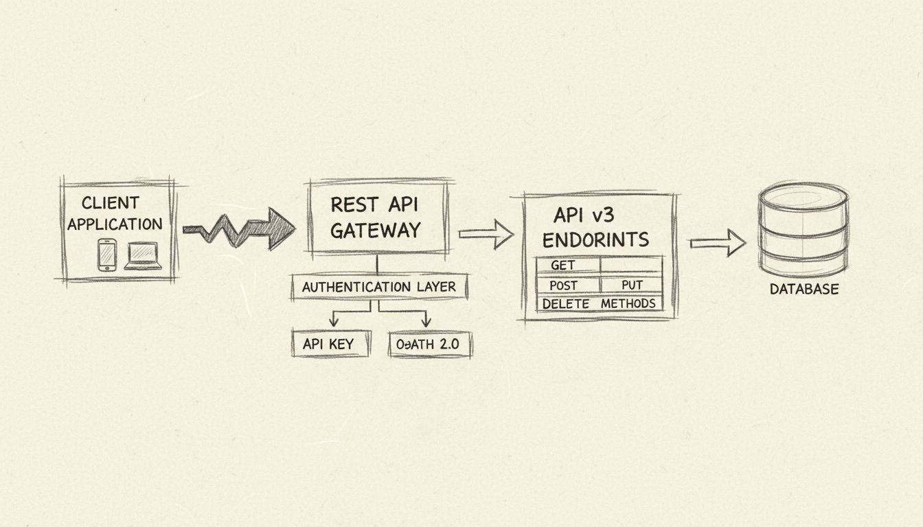 REST API architektúra diagram: Kliens alkalmazás kapcsolódik a REST API Gatewayhez hitelesítési réteggel (API kulcs és OAuth 2.0), amely továbbítja a kéréseket az API v3 végpontokhoz HTTP metódusokkal, és kapcsolódik az adatbázishoz