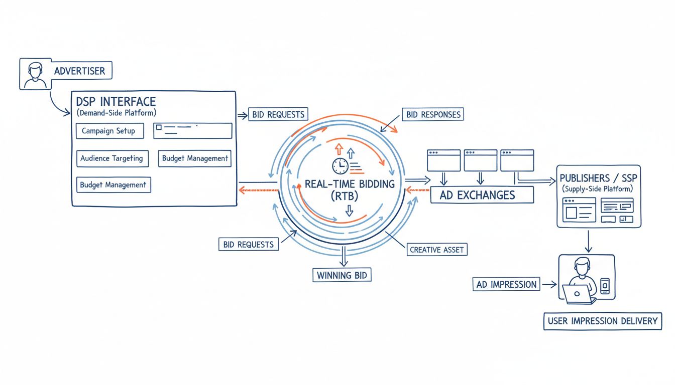 Technikai diagram, amely bemutatja, hogyan működnek a demand-side platformok a programmatic hirdetésben: hirdetői felület, valós idejű licitálás, hirdetés-tőzsdék, kiadók és felhasználói megjelenítés