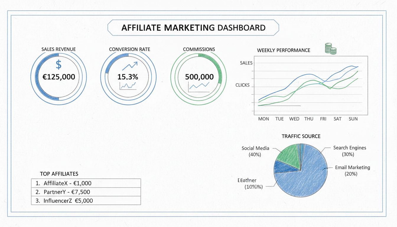 Partner marketing irányítópult, amely gyorsjelentés KPI metrikákat mutat eladási bevétellel, konverziós aránnyal, kattintásokkal, jutalékokkal és top partnerekkel