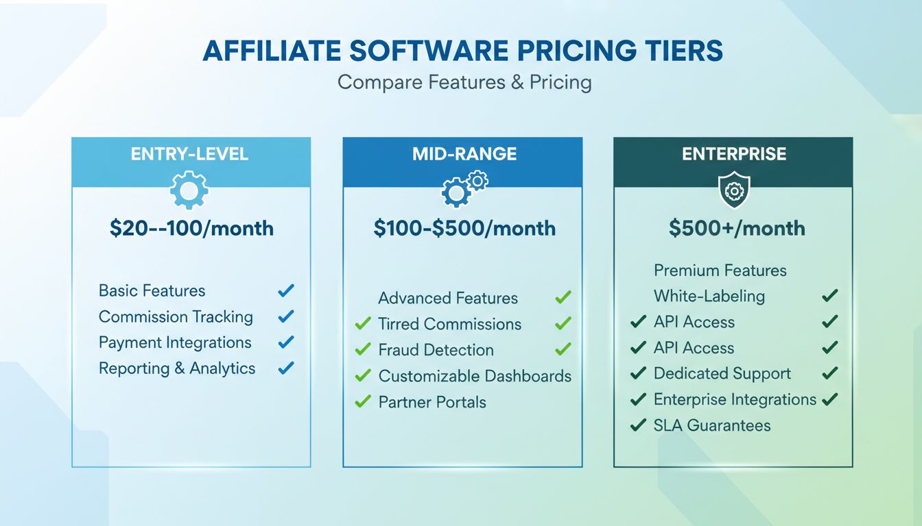 Affiliate szoftver árazási szintek összehasonlító táblázata belépő, középkategóriás és vállalati lehetőségekkel és funkciókkal
