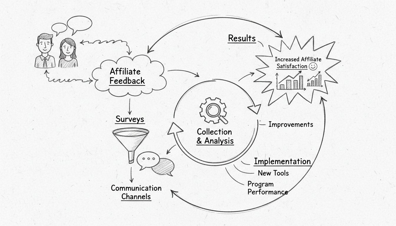 Kézzel rajzolt diagram az affiliate visszacsatolási rendszerről: Affiliate visszajelzés, Elemzés, Megvalósítás, Eredmények szakaszokkal
