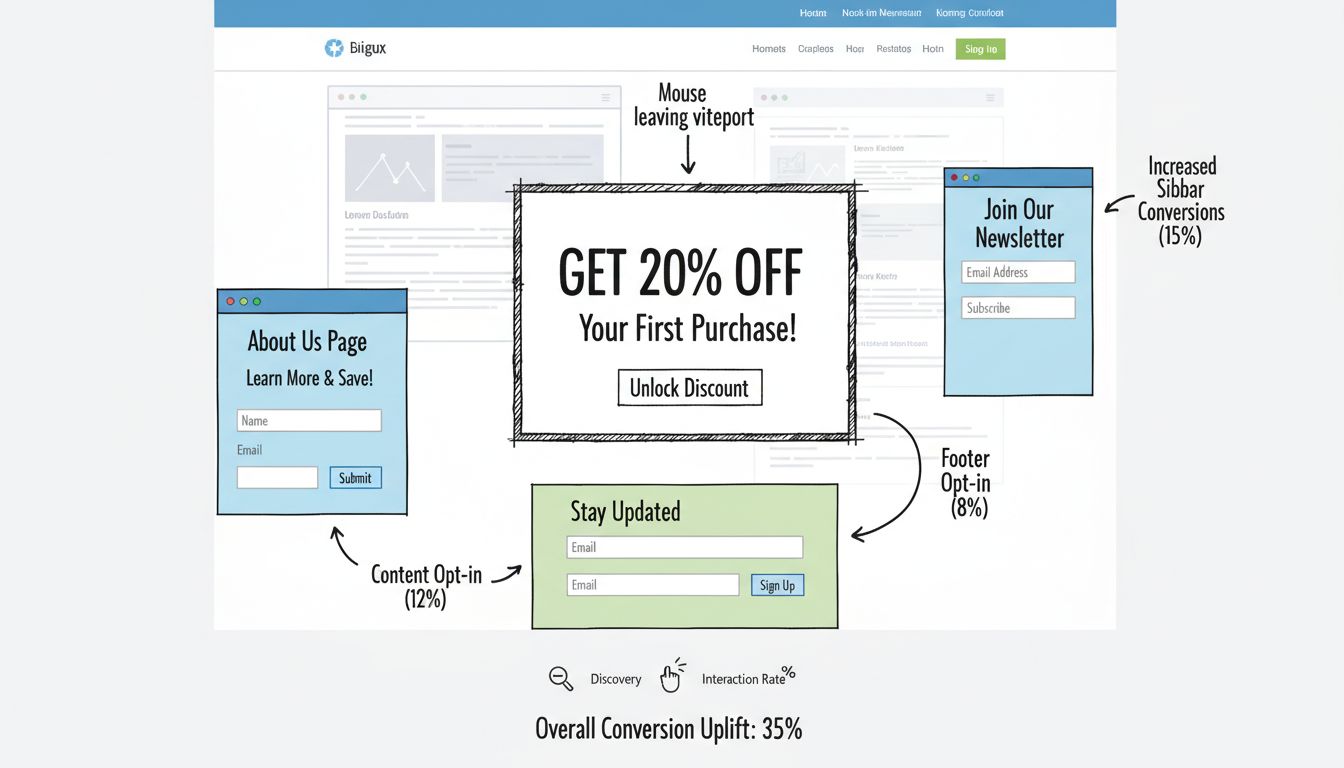 Affiliate marketing popup és opt-in űrlap stratégia: kilépési szándékú felugró, ragadós oldalsávos űrlap, lábléc e-mail gyűjtő űrlap és Rólunk oldali opt-in elhelyezés konverziós mutatókkal