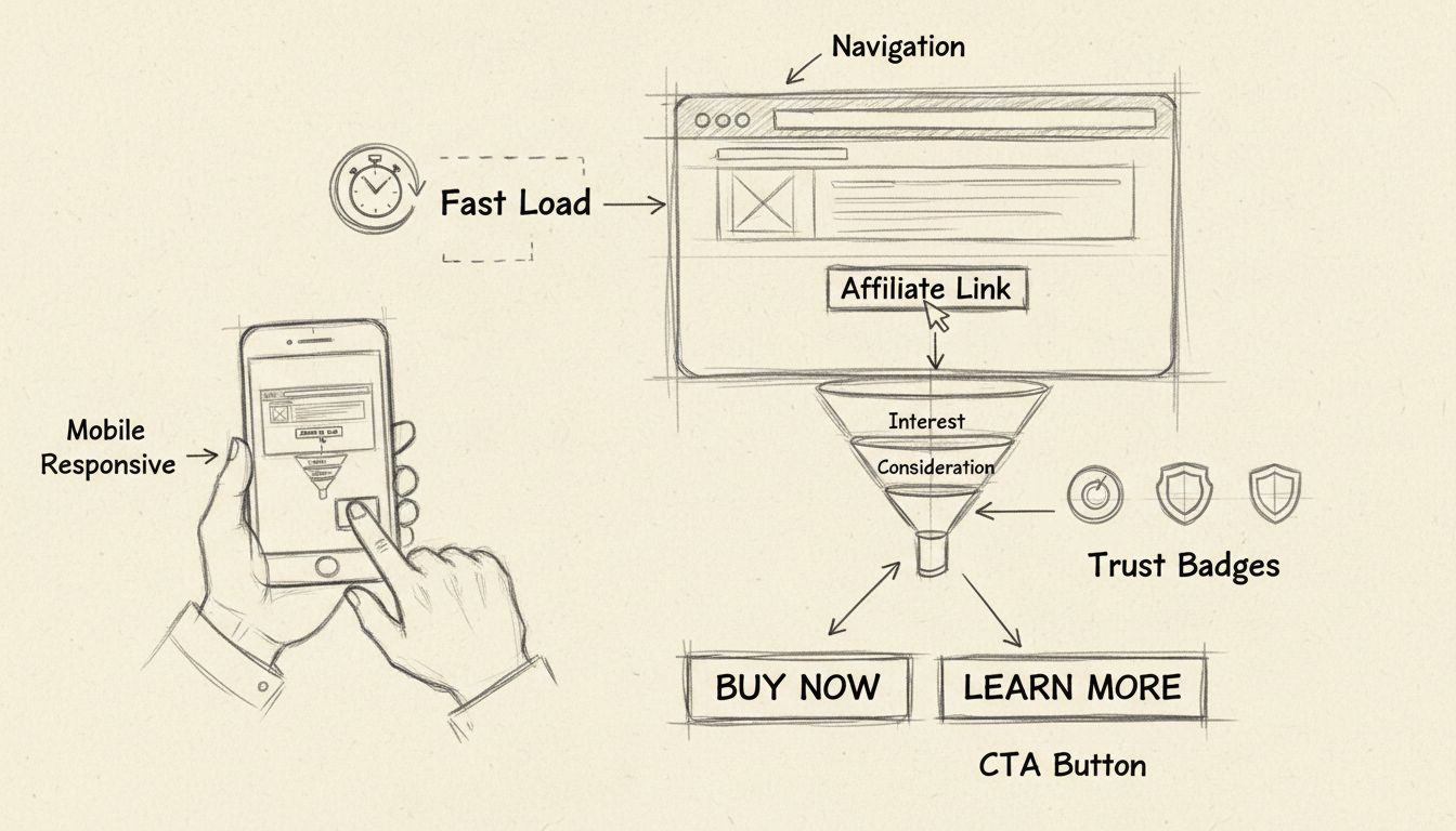 Affiliate marketinghez kapcsolódó UX design elemek: navigáció, mobilbarát kialakítás, gyors betöltés, bizalmi jelvények és konverzióoptimalizálás