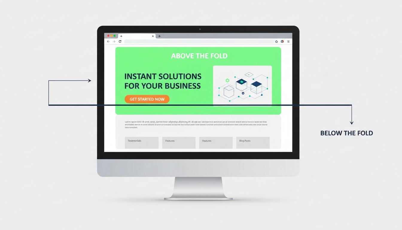 Above the fold webdizájn ábra: böngészőablak látható és görgethető szakaszra osztva