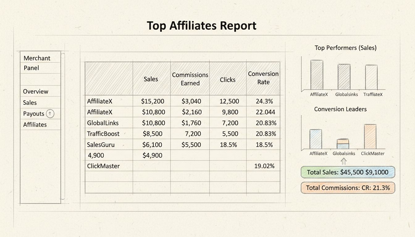 Top Affiliates Report dashboard interface showing merchant panel with performance metrics table