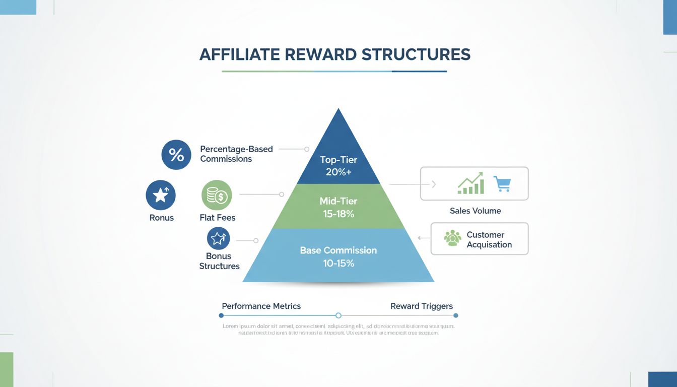 Affiliate jutalékrendszer szintekkel: alap, közép és felső szintű jutalmak százalékos és fix díjas opciókkal